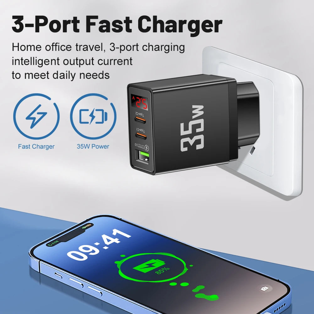 USB Type C Charger 35W Fast Charging Digital Display Phone Charger Adapter For iPhone Samsung Xiaomi Huawei USB PD Wall Charger