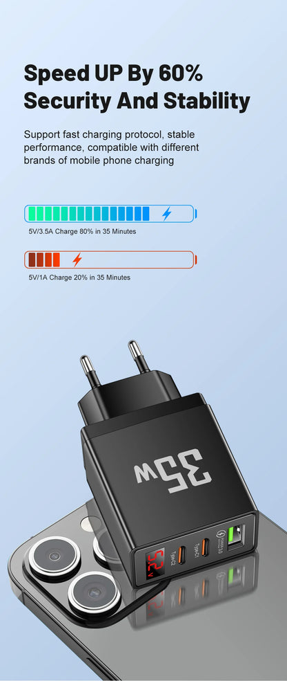 USB Typ C Laddare 35W Snabbladdning Digital Display Telefonladdare Adapter För iPhone Samsung Xiaomi Huawei USB PD väggladdare