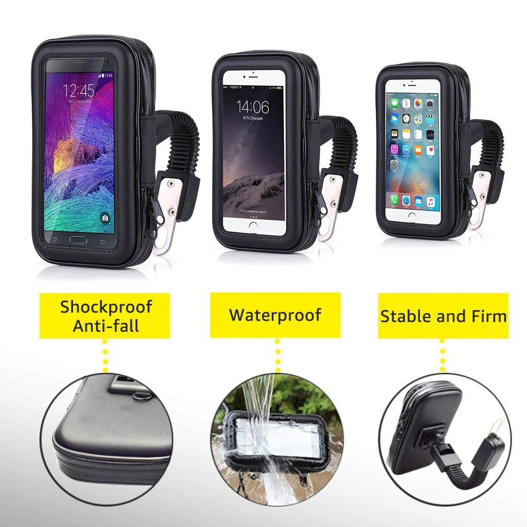 Motorcycle Phone Holder with Waterproof Bag for Rearview Mirror or Handlebar Mount