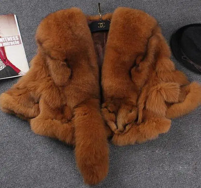 Short Fox Fur Coat with Slim Shawl Design