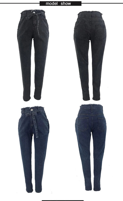 High Waist Skinny Jeans with Tassel Belt and Stretch Slim Fit