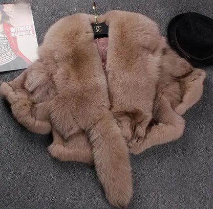 Short Fox Fur Coat with Slim Shawl Design