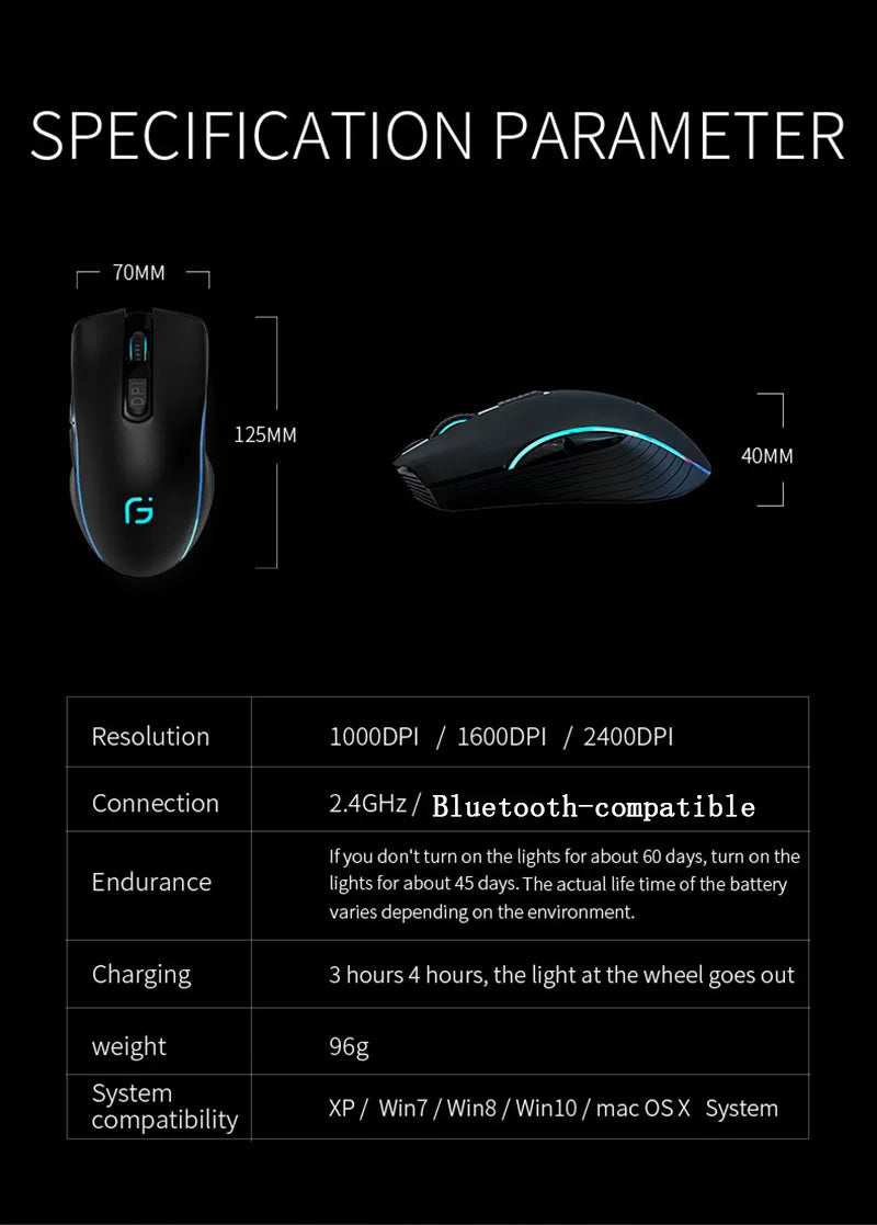 Rechargeable Computer Mouse Dual Mode Bluetooth+2.4Ghz Wireless USB Mouse 2400DPI Optical Gaming Mouse Gamer Mice for PC Laptop