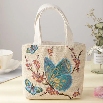 Embroidered Canvas Tote Bag – Cute Cat & Flowers Design, Fashionable Small Shoulder Bag, Traveling Pouch Handbag