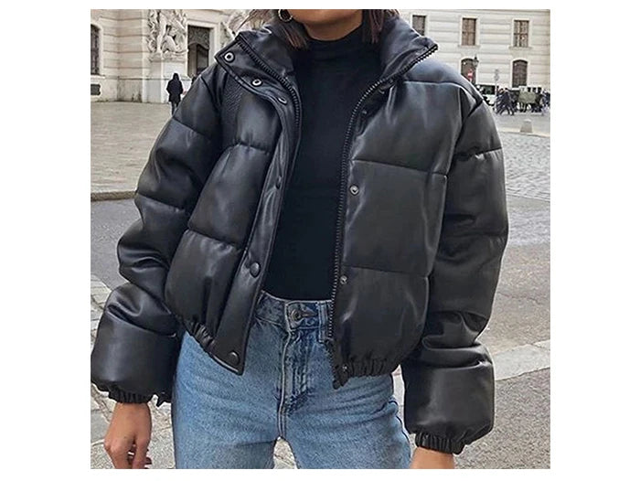 Women's Black PU Leather Cropped Puffer Jacket with Zipper