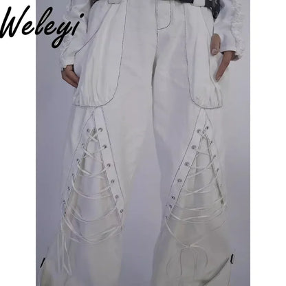 Y2K Low Waist White Jeans with Bandage Detail and Baggy Fit