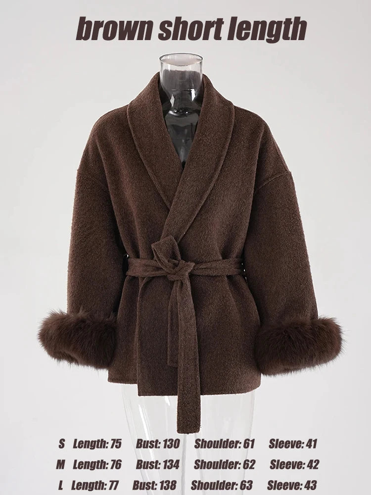 Wine Red Woolen Coat with Fur Cuffs and Belted Design