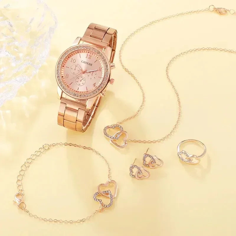 6st set Rose Gold Luxury Watch Dam Ring Halsband Örhänge Strass Mode Armbandsur Casual Dam Armband Klockor