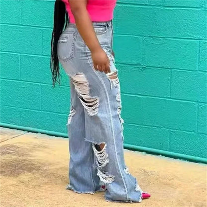 High Waist Straight Jeans with Large Front and Back Holes Trendy and Casual