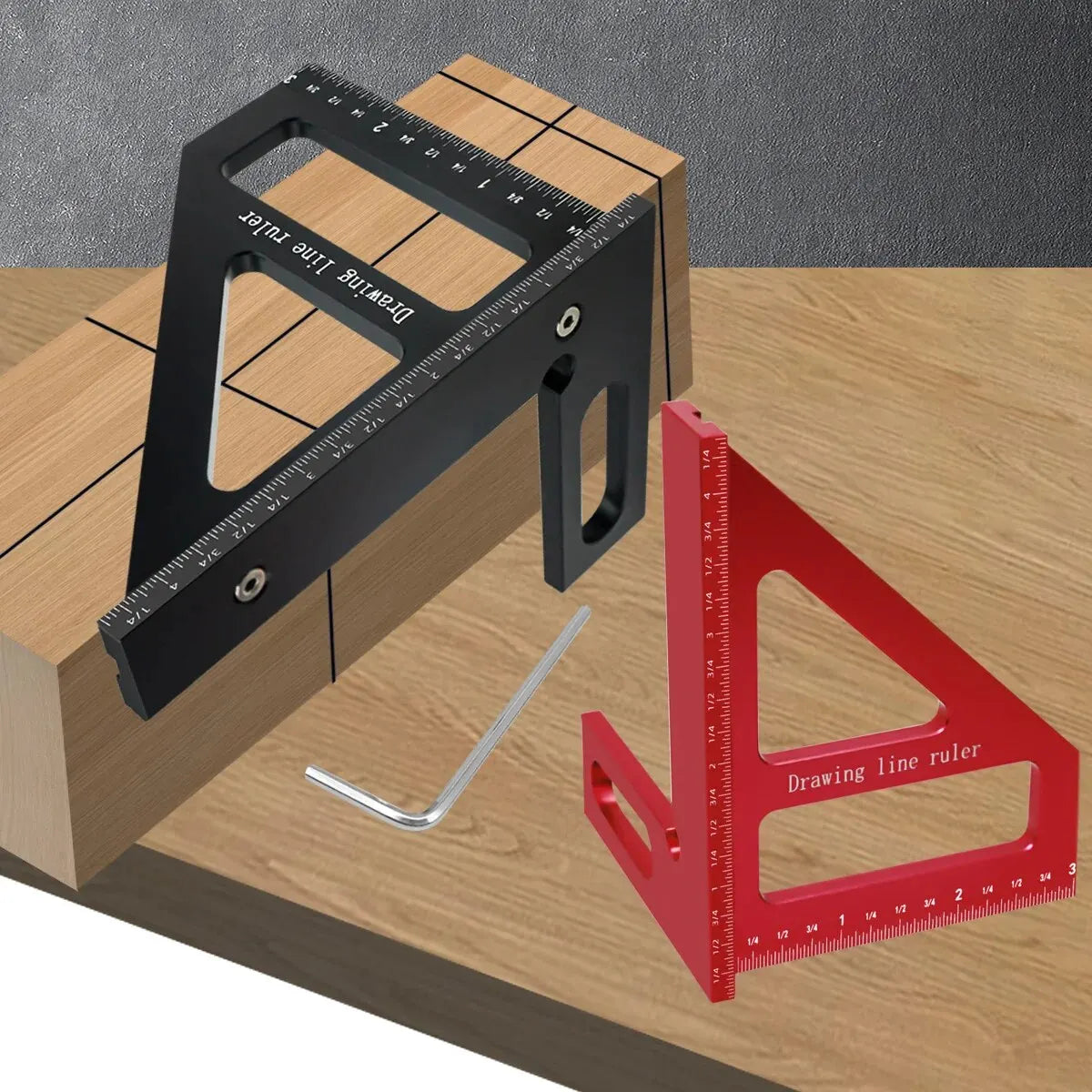 Carpenter Square -Träbearbetning fyrkantig gradskiva Aluminium geringstriangellinjal 3D multivinkel 45/90 graders layout Mätlinjal