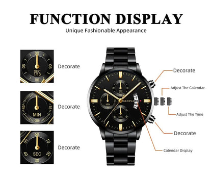 Fashion Men Black Stainless Steel Watch Luxury Calendar Quartz Wrist Watch Mens Business Watches for Man Clock Relogio Masculino