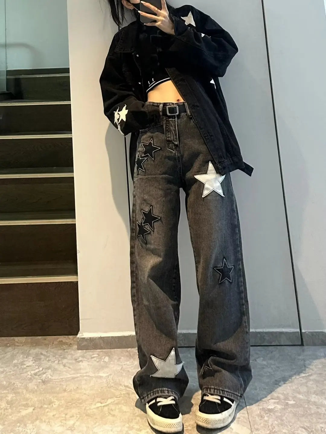 Stjärntryck Jeans med hög midja American Retro High Street Byxor med raka ben Patchwork Långa byxor Y2k Mode Streetwear Baggy