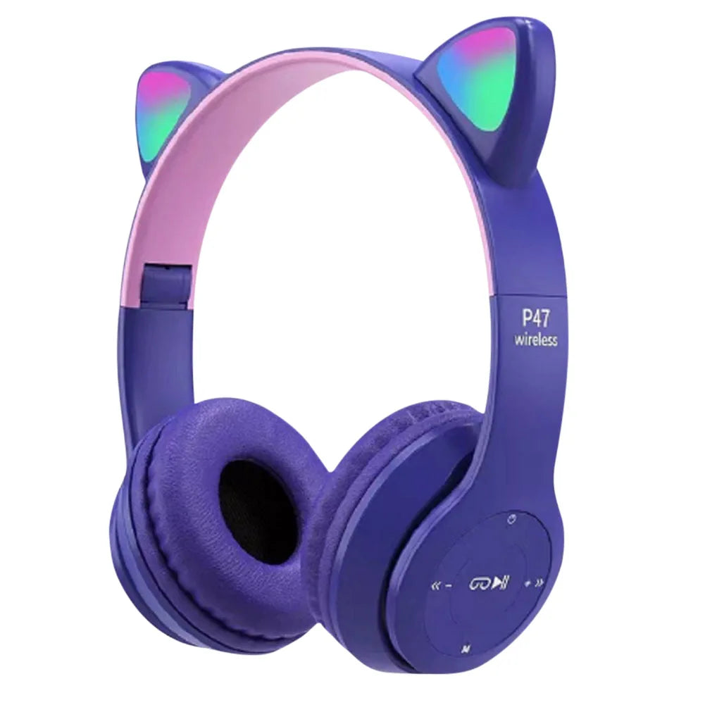 Söta Cat Ear-hörlurar med RGB LED-ljus Trådlöst Headset Barn Flickor Stereo Telefon Musik Bluetooth Headset PC Gamer Present