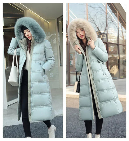 Extra Long Padded Parka with Faux Fur Collar Loose Fit