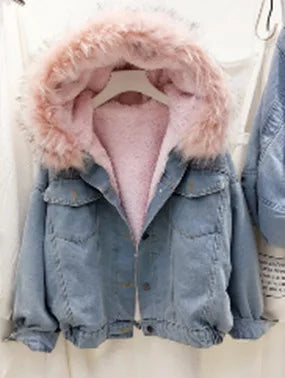 Loose Fit Denim Jacket with Thick Fleece and Lamb Wool Lining