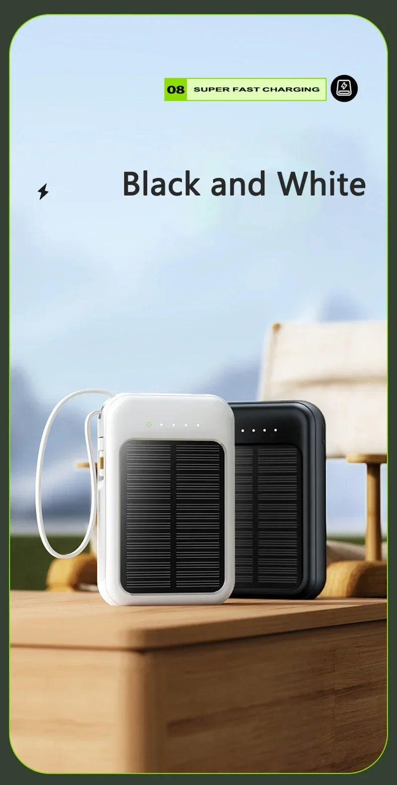 5000/10000/20000mAh High Capacity Solar Power Bank with Built-in Cables and LED Light