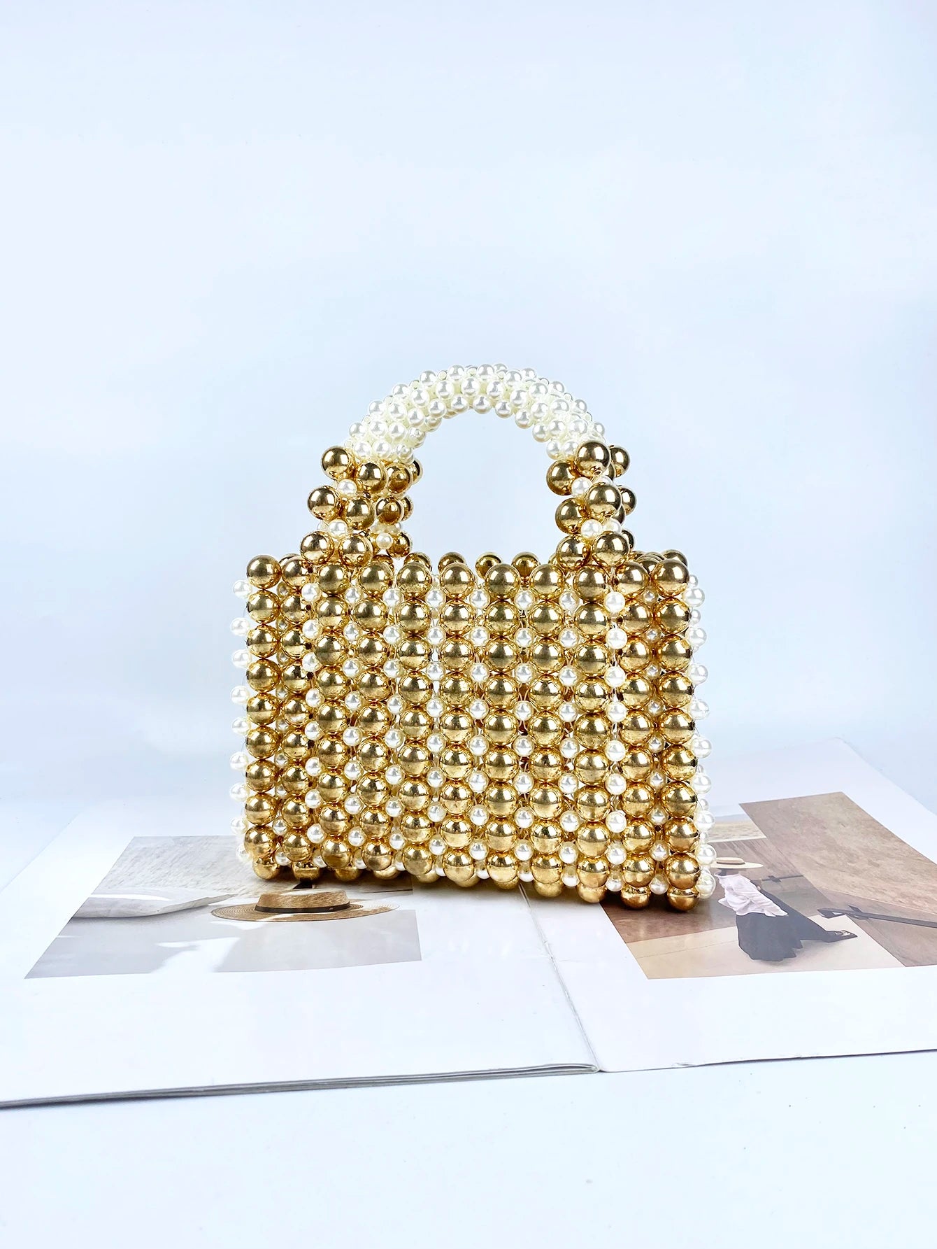 Mobile Phone Bag: Gold Beads, Acrylic Handheld, Beaded Handmade, Casual Dinner