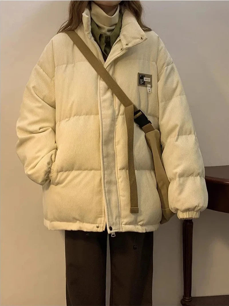 Oversized Corduroy Puffer Coat with Pockets Warm and Retro Y2K Style