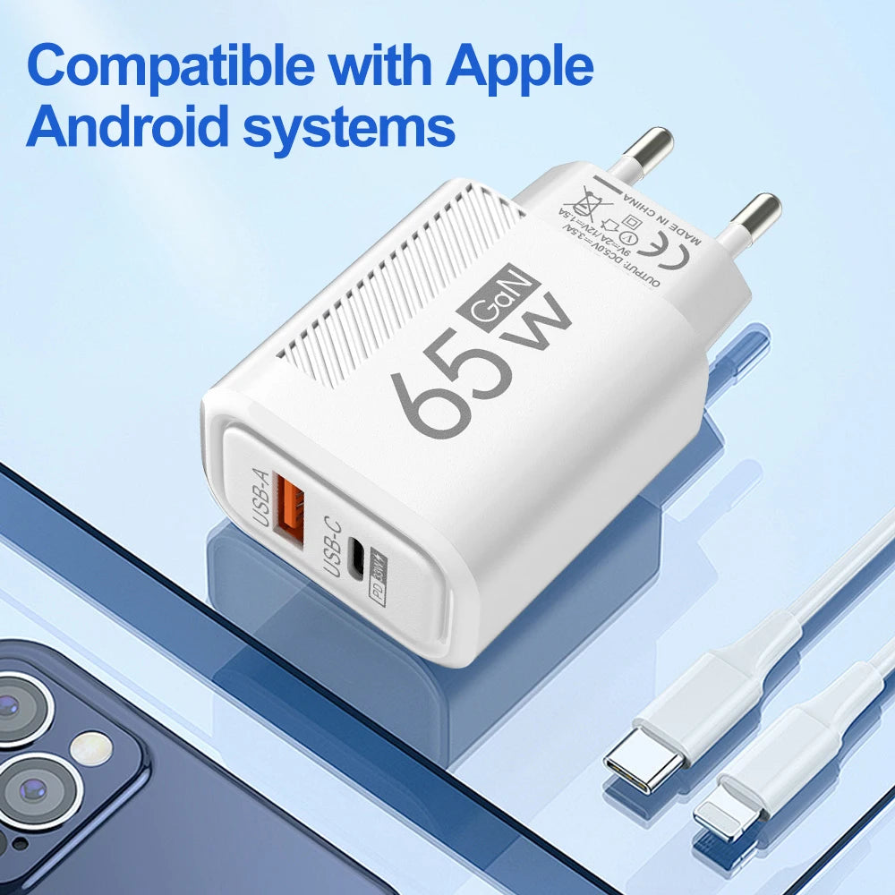 65W GaN USB C Charger Fast Charging Wall Charger For iPhone/Xiaomi/Samsung PD Type C Phone Adapter EU/US Plug