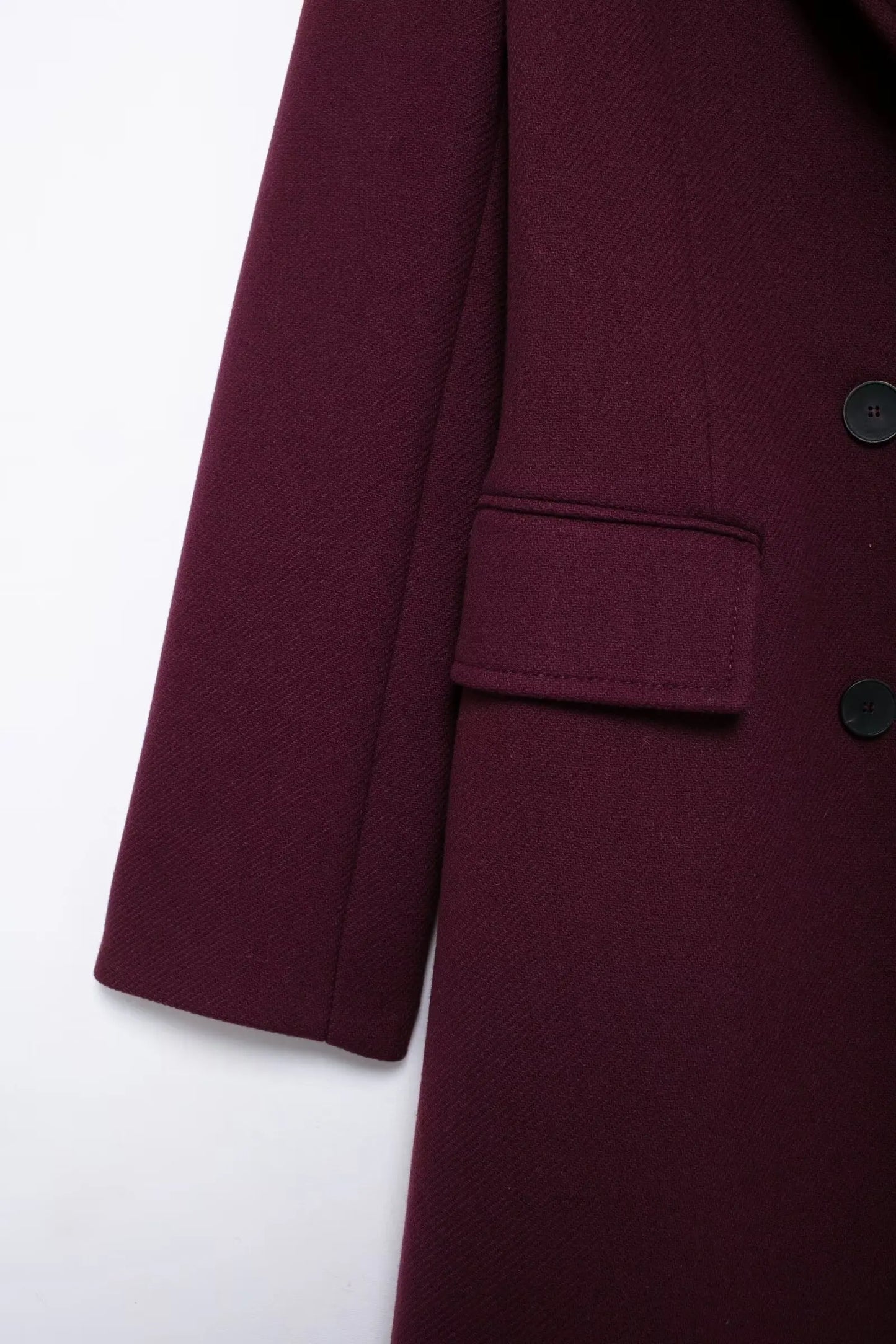 Elegant Burgundy Woolen Coat with Turn Down Collar and Double Breasted Design