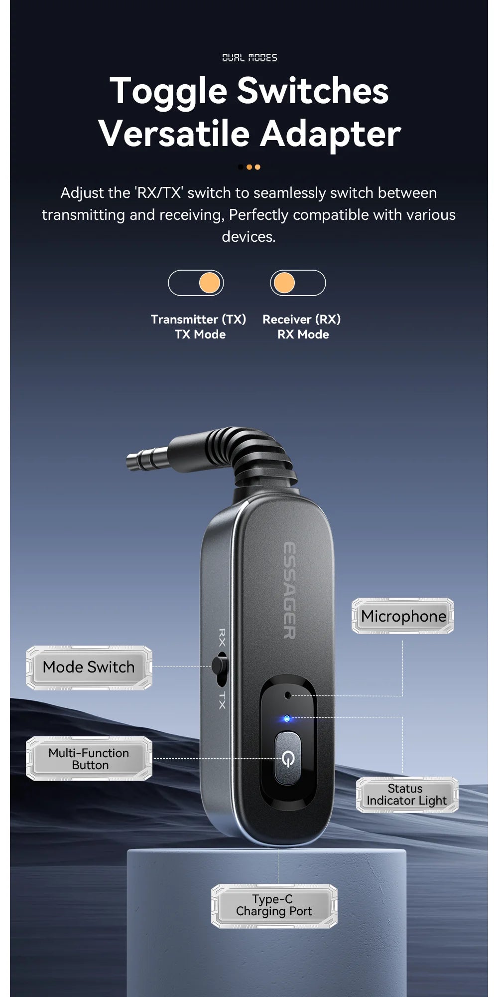 Essager Bluetooth 5.1 Audio Receiver Sändare 3.5MM 3.5 AUX Med Mic Stereo Musik Trådlös Adapter För PC TV Bilhögtalare