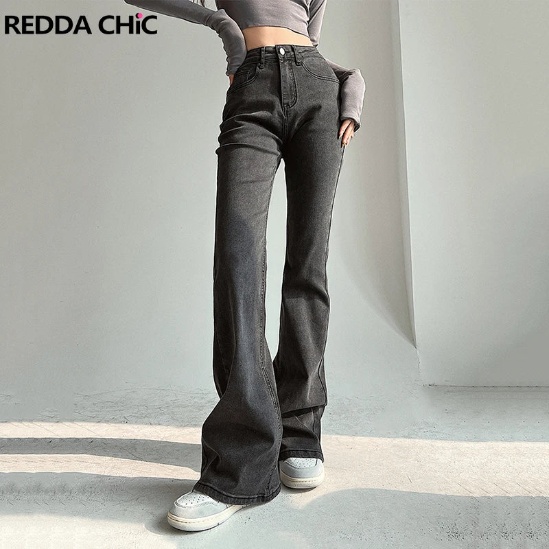 ReddaChic Harajuku Heart-pocket Flared Jeans Women Retro Gray Stretchy Casual Pants Grunge Y2k Goth Tall Girl Friendly Trousers