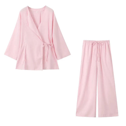 Linen Shirt and Pleated Pants Set with Belted Kimono Top Stylish and Light