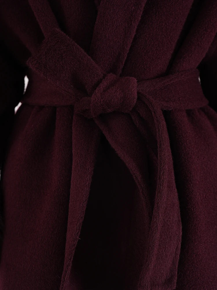 Wine Red Woolen Coat with Fur Cuffs and Belted Design