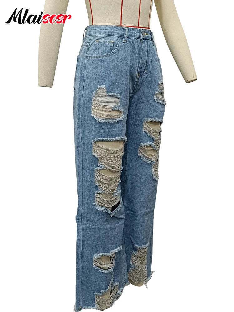 Mlaiscsr Sexigt hål slits raka jeans Dam Knappficka Lös Blå Denim Byxor med vida ben Byxor Streetwear Birthda Bottoms