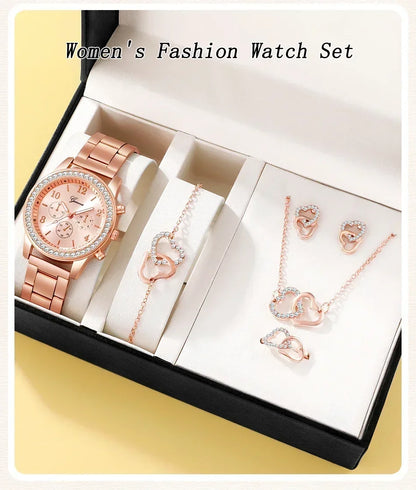 6st set Rose Gold Luxury Watch Dam Ring Halsband Örhänge Strass Mode Armbandsur Casual Dam Armband Klockor