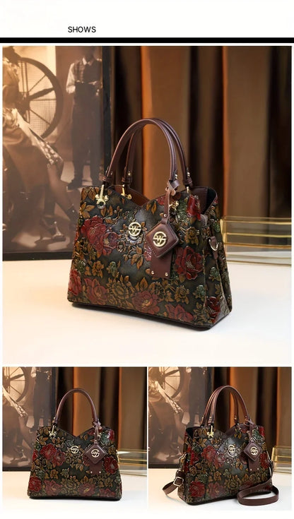 Vintage Flower Pattern Handbag, Luxury PU Leather Tote Bag, Fashion Crossbody Bag For Women