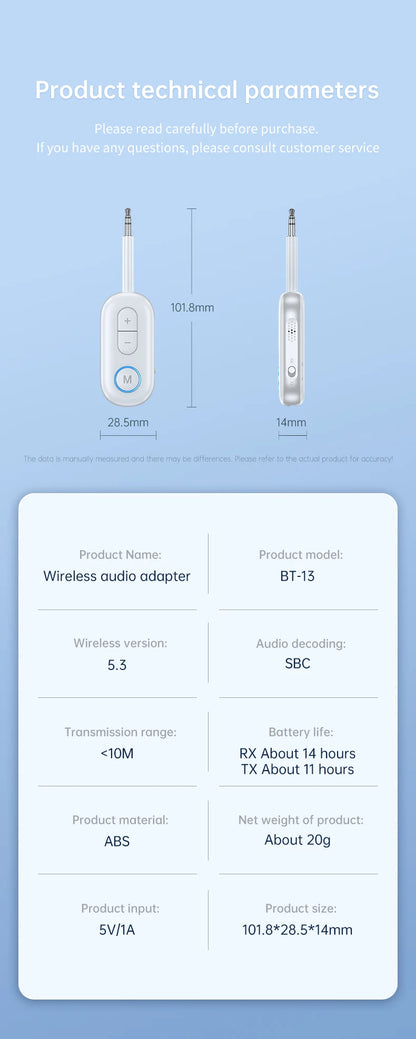 Bluetooth 5.3 Ljudsändare Mottagare 3,5MM AUX Hifi Stereo Musik Trådlös Adapter Med Mic För Bil Flygplan TV PC Hörlurar