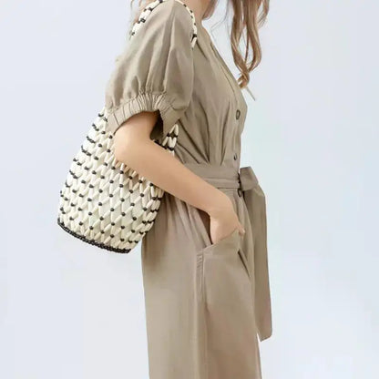 High Fashion Hollow-out Wooden Bead Woven Tote Bag / Female Shoulder Bag Reticulate Netted Canvas Handbag