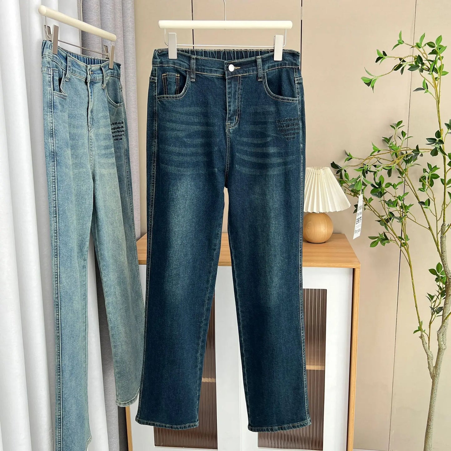 High Waist Straight Leg Jeans with Embroidery Loose and Retro Style