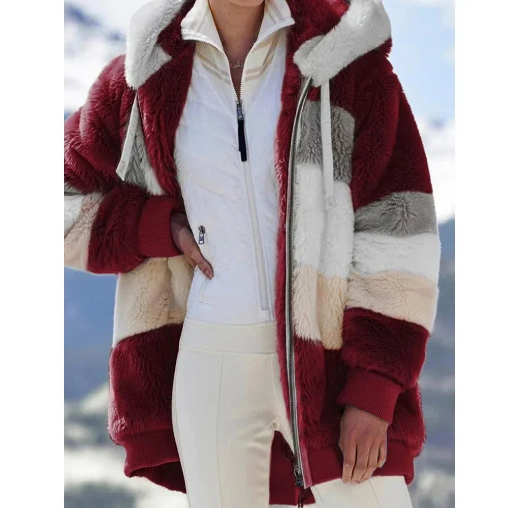 Hooded Zipper Coat with Cashmere and Plaid Stitching Stylish and Warm