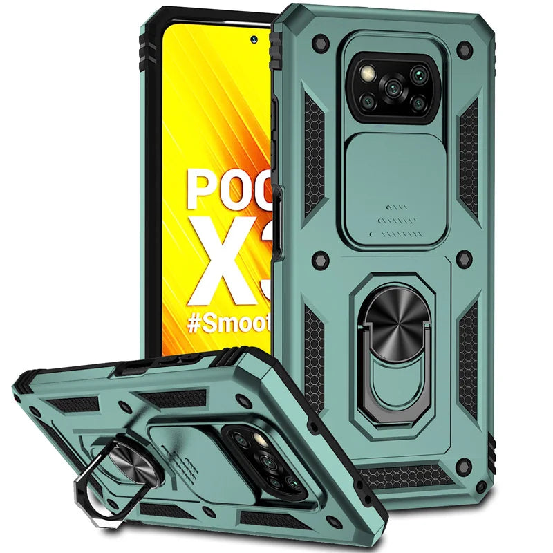 Shockproof Armor Case for Xiaomi Pocophone Poco X3 Pro, Car Holder Phone Cover for Poco X3 NFC, X3 Pro, Camera Lens Protection Funda