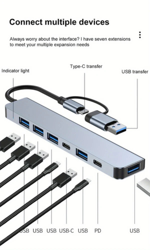 USB C Hub USB Hub 3.0, VIENON Aluminum 7 in 1 USB Extender, USB Splitter with 1 X USB 3.0, 4 X USB 2.0 and 2 X USB C Ports