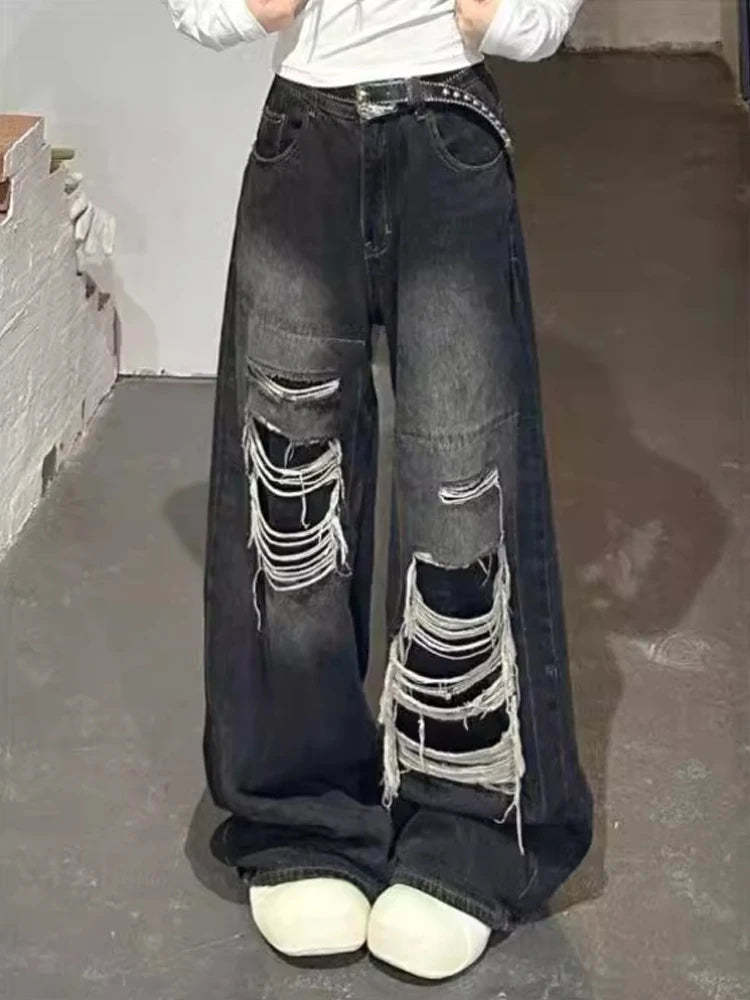 Black Baggy Ripped Jeans Gothic Y2K Aesthetic Vintage Style