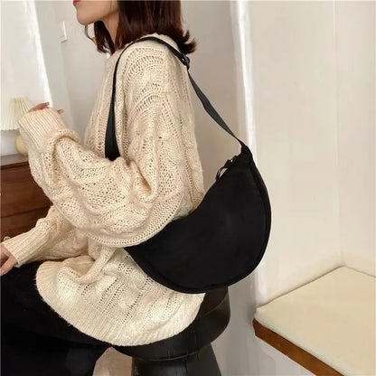 Solid Color Chest Bag for Women – Large Capacity Travel Crossbody Female Half Moon Bag, Ladies Daily Cotton-Filled Shoulder Bag.