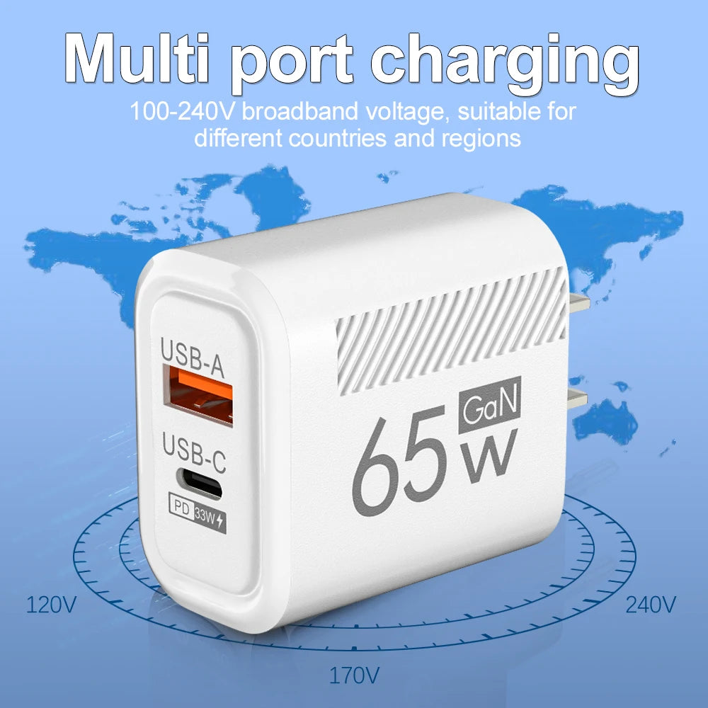 65W GaN USB C Charger Fast Charging Wall Charger For iPhone/Xiaomi/Samsung PD Type C Phone Adapter EU/US Plug