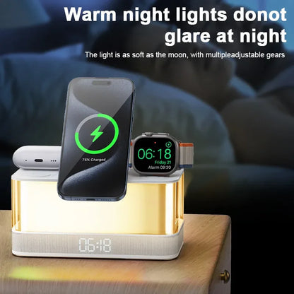 6-in-1 Wireless Charging Station – Magnetic Fast Charger, Bluetooth Speaker, Clock & Night Light