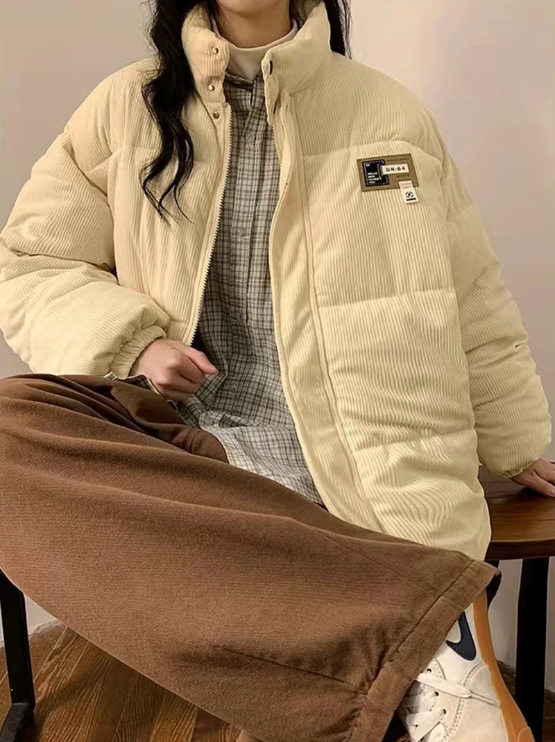 Oversized Corduroy Puffer Coat with Pockets Warm and Retro Y2K Style