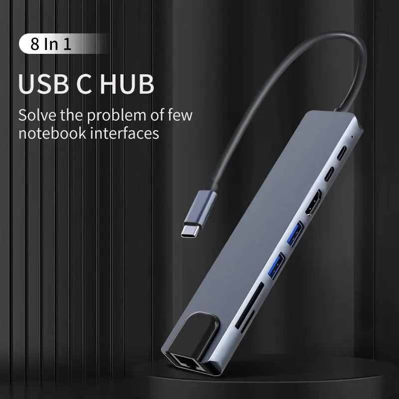 Usb 8 In 1 Type C 3 1 To 4k HdTV Hub Adapter With Sd Tf Rj45 Card Reader Pd Fast Charge For Macbook Notebook Computer