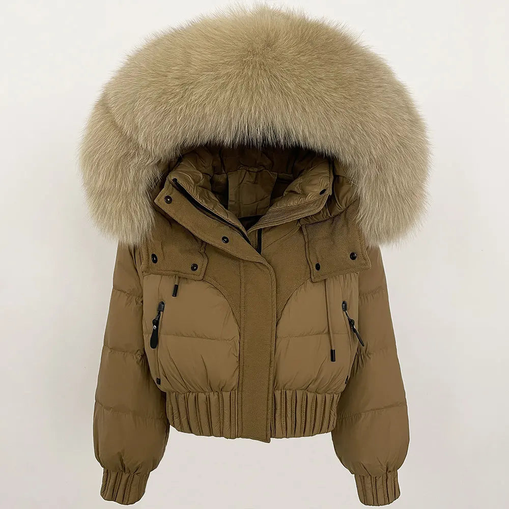 Short Hooded Down Coat with Real Raccoon Fox Fur Collar Warm and Casual