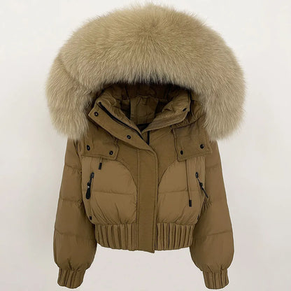 Short Hooded Down Coat with Real Raccoon Fox Fur Collar Warm and Casual