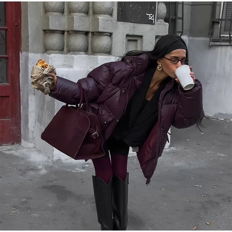 Burgundy Down Jacket with Stand Collar and Pockets Elegant and Warm