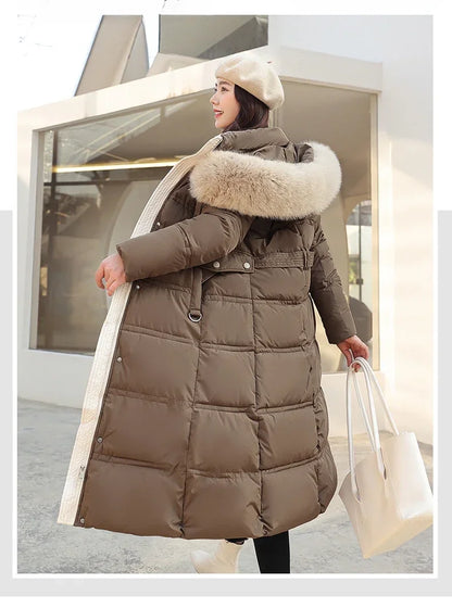 Extra Long Padded Parka with Faux Fur Collar Loose Fit