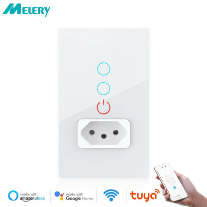 Melery Tuya Wifi Smart Brazil Ljusbrytare Vägguttag Stickkontakt Uttag Touch Sensor Glaspanel Fjärrkontroll från Alexa Dot Google Home