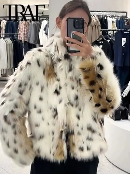 Elegant Printed Faux Fur Coat Long Sleeve Fluffy and Warm