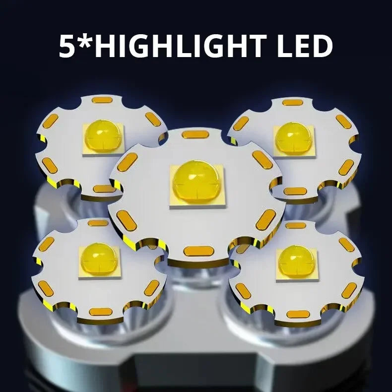 5LED High Power Led Flashlights Rechargeable Camping Spotlight with Side Light 3 Lighting Modes for Camping Adventure Outdoor